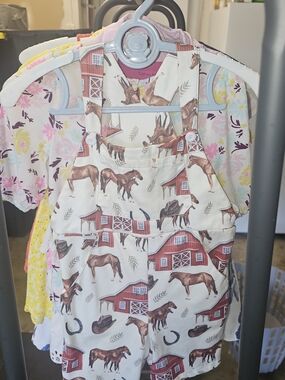 Children's Horse & Barn Print Overalls - Cream & Brown